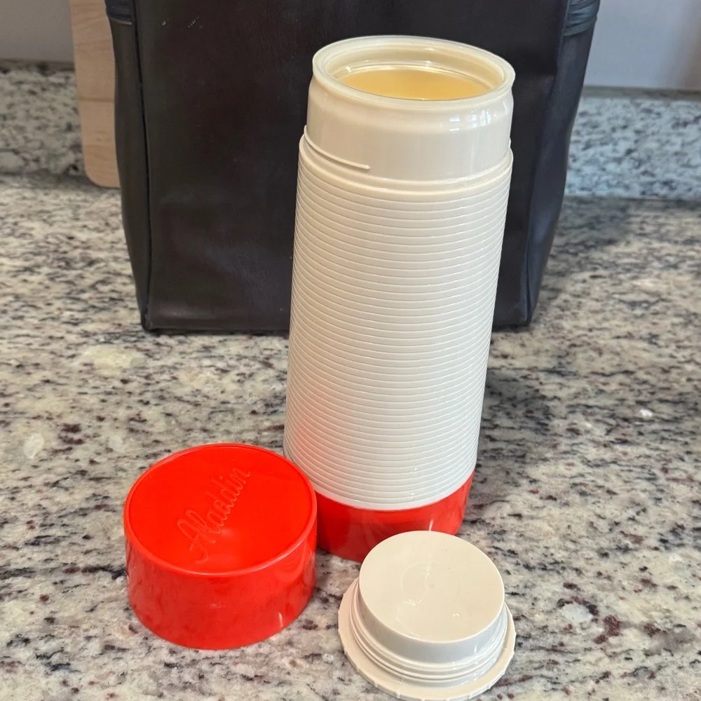 Vintage 70s Thermos & Aladdin Lunch‎ Set – Faux Leather Tote + 2 Bottles + Box